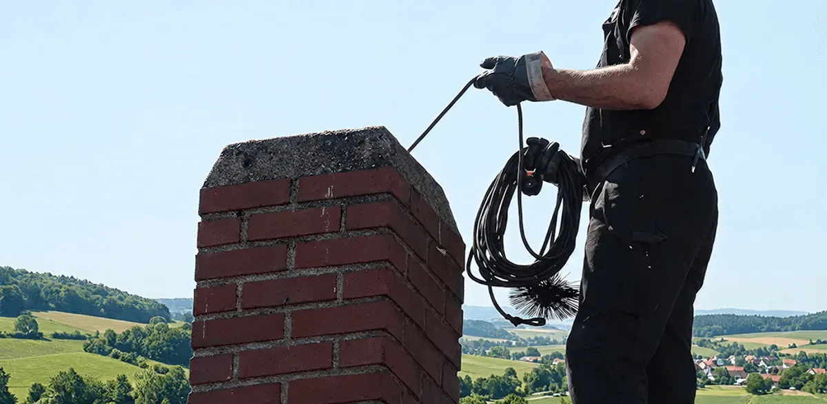 Chimney sweep inspecting and cleaning a rooftop chimney in Sioux Falls, SD