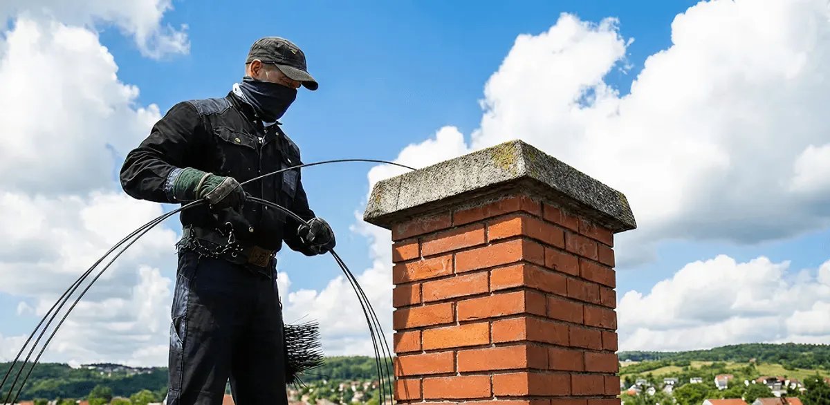 Chimney sweep cleaning a brick chimney with professional tools in Sioux Falls, SD